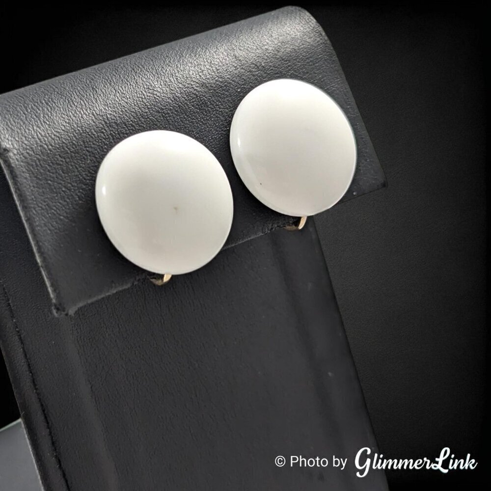 Vintage Japan White Milk Glass Button Style Round Dome Brass Screw Back Earrings
